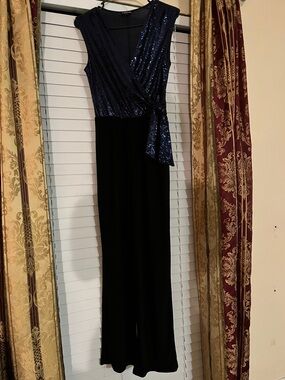 bebe Navy Sequin Wrap Jumpsuit with Black Wide Legs